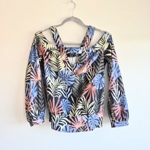 bebe Black Tropical Leaf Print Blouse Cold Shoulder Size Small